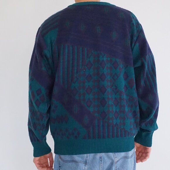 Vintage Sir William Teal Navy Textured Knit Retro Eclectic Grandpa Sweater XL - Picture 2 of 9